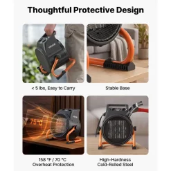 VEVOR Greenhouse Heater, 1500W Electric PTC Space Heater with Thermostat, Fan, Low & High Heat Modes, 15° Adjustable Angle, Overheat Protection, for Grow Tent, Greenhouse, Flower Room, Home Office
