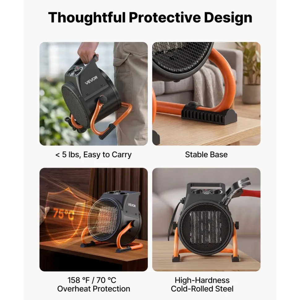 VEVOR Greenhouse Heater, 1500W Electric PTC Space Heater with Thermostat, Fan, Low & High Heat Modes, 15° Adjustable Angle, Overheat Protection, for Grow Tent, Greenhouse, Flower Room, Home Office