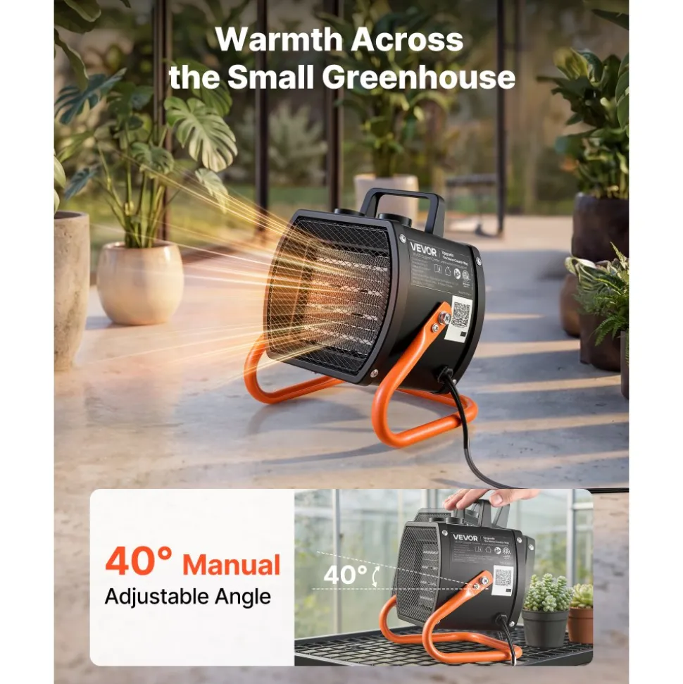 VEVOR Greenhouse Heater, 1500W Electric PTC Space Heater with Fan, Low & High Heat Modes, 40° Adjustable Angle, Overheat Protection, Portable for Grow Tent, Small Greenhouse, Flower Room, Home Office