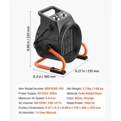 VEVOR Greenhouse Heater, 1500W Electric PTC Space Heater with Fan, Low & High Heat Modes, 15° Adjustable Angle, Overheat Protection, Portable for Grow Tent, Small Greenhouse, Flower Room, Home Office