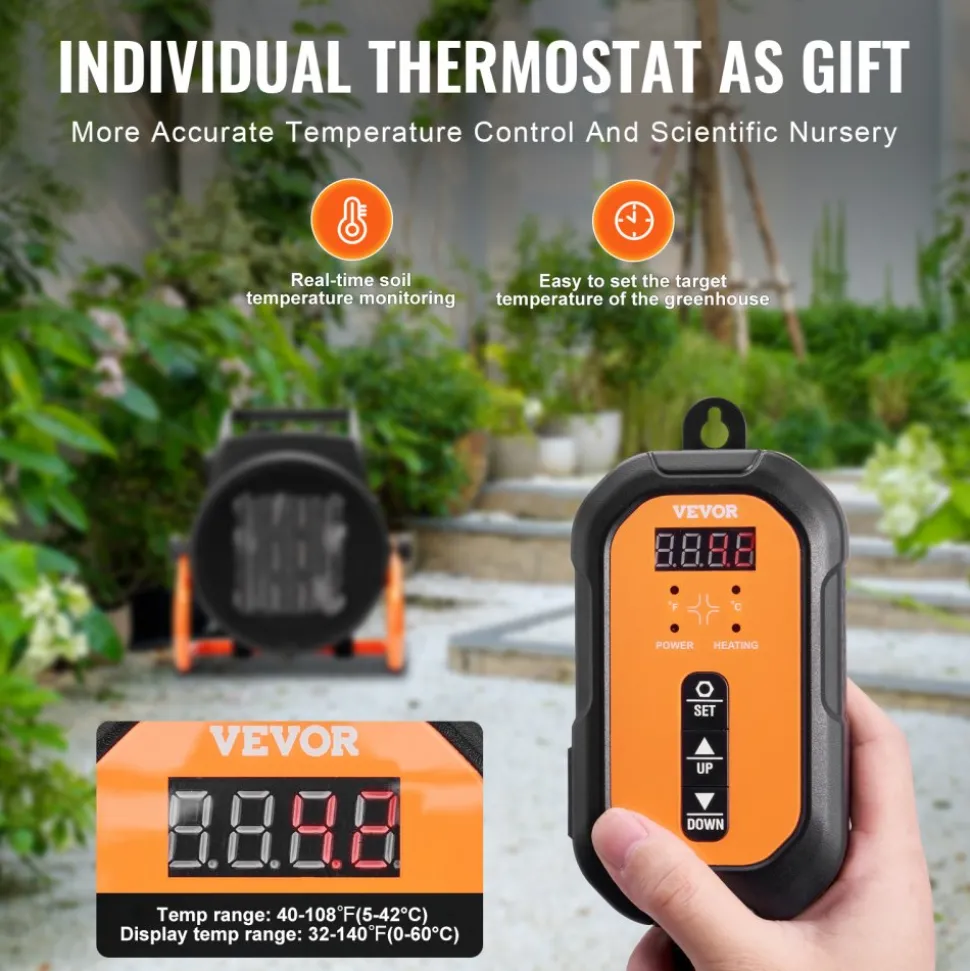 VEVOR Greenhouse Heater with Thermostat, 1500W PTC Fast Heating with Overheat Protection, 3-Speed Setting Small Grow Tent Heater, Electric Portable Heater Fan for Green House, Flower Room, Workplace