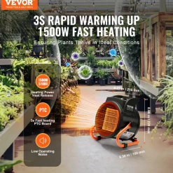 VEVOR Greenhouse Heater, 1500W PTC Fast Heating with Overheat Protection, 3-Speed Setting Small Grow Tent Heater, Electric Portable Heater Fan for Green House, Flower Room, Workplace