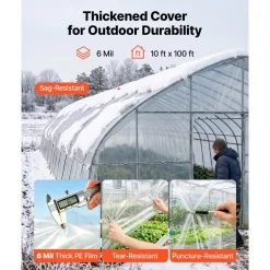 VEVOR Greenhouse Plastic Sheeting 10 x 100 ft 6 Mil Clear Polyethylene Film, for Farms Agriculture Garden Outdoor Plant, Water Sun Frost Wind Dust Resistant, Heavy Duty Thick Winter Hoop House Cover