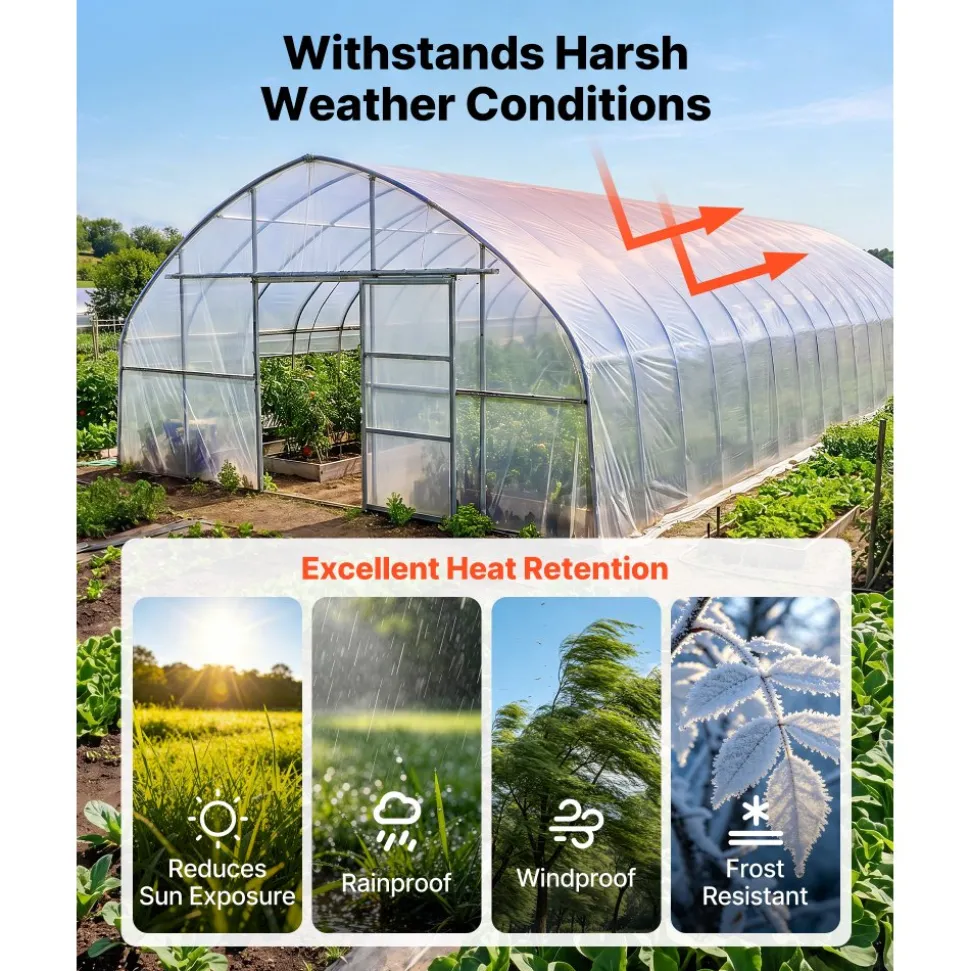 VEVOR Greenhouse Plastic Sheeting 12 x 100 ft 6 Mil Clear Polyethylene Film, for Farms Agriculture Garden Outdoor Plant, Water Sun Frost Wind Dust Resistant, Heavy Duty Thick Winter Hoop House Cover