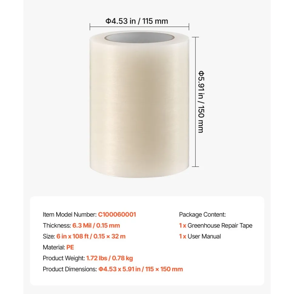 VEVOR Greenhouse Repair Tape 6 in x 108 ft 6.3 Mil Clear Polyethylene Patch, for Plastic Sheeting & Tent Seaming Sealing, Waterproof & Sun-Resistant, Heavy Duty Greenhouse Sheeting Coverings Film Tape
