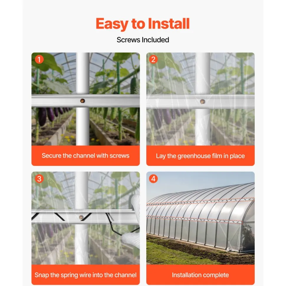 VEVOR Greenhouse Spring Wire and Lock Channel, 40 Packs 6.56 ft PVC-Coated Wiggle Wire & Aluminum Alloy Channel Bundle Kit with Included Screws, 0.05 in Thickened, Poly Film & Shade Cloth Attachments