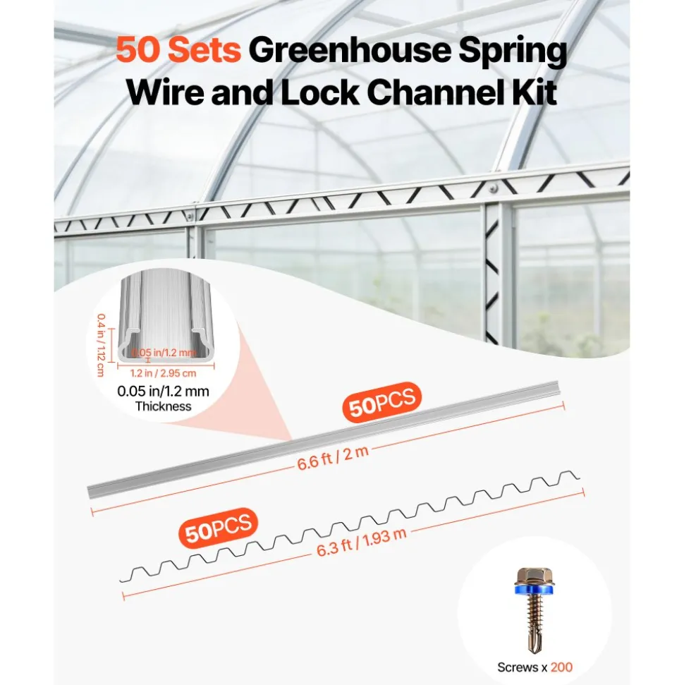 VEVOR Greenhouse Spring Wire and Lock Channel, 50 Packs 6.56 ft PVC-Coated Wiggle Wire & Aluminum Alloy Channel Bundle Kit with Included Screws, 0.05 in Thickened, Poly Film & Shade Cloth Attachments