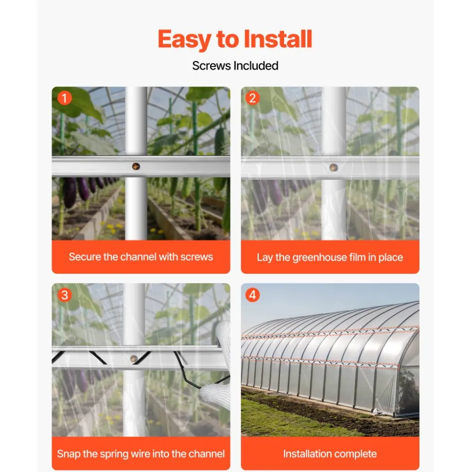 VEVOR Greenhouse Spring Wire and Lock Channel, 50 Packs 6.56 ft PVC-Coated Wiggle Wire & Aluminum Alloy Channel Bundle Kit with Included Screws, 0.05 in Thickened, Poly Film & Shade Cloth Attachments