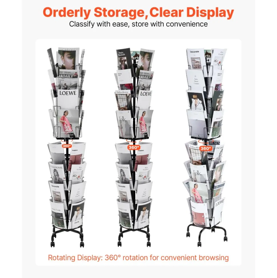 VEVOR Greeting Cards Display Rack, 32 Pockets Rotating Postcard Brochure Display Stand, 360° Spinning Card Display Rack with Sign Holder & 4 Wheels (2 Lockable) for Exhibitions Office Trade Show