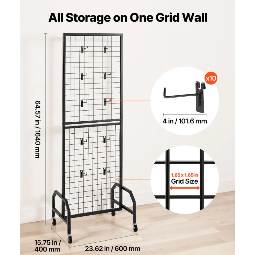 VEVOR Grid Wall Panel, 1.9 x 5.4 ft Wire Grid Panels Display Rack, Movable Art Display Shelf with Wheels and 10 Hooks, Black Carbon Steel Gridwall for Craft Show, Decoration, Storage, Notice Board