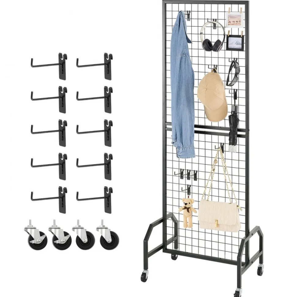 VEVOR Grid Wall Panel, 1.9 x 5.4 ft Wire Grid Panels Display Rack, Movable Art Display Shelf with Wheels and 10 Hooks, Black Carbon Steel Gridwall for Craft Show, Decoration, Storage, Notice Board