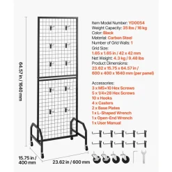 VEVOR Grid Wall Panel, 1.9 x 5.4 ft Wire Grid Panels Display Rack, Movable Art Display Shelf with Wheels and 10 Hooks, Black Carbon Steel Gridwall for Craft Show, Decoration, Storage, Notice Board