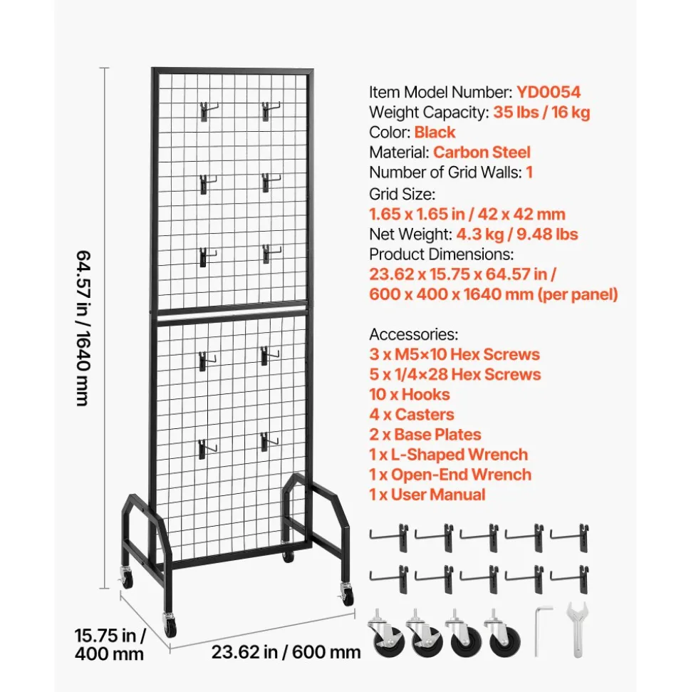 VEVOR Grid Wall Panel, 1.9 x 5.4 ft Wire Grid Panels Display Rack, Movable Art Display Shelf with Wheels and 10 Hooks, Black Carbon Steel Gridwall for Craft Show, Decoration, Storage, Notice Board
