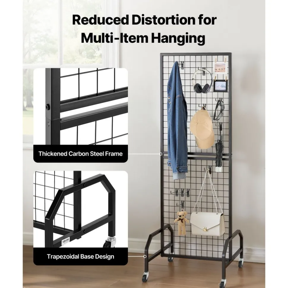 VEVOR Grid Wall Panel, 1.9 x 5.4 ft Wire Grid Panels Display Rack, Movable Art Display Shelf with Wheels and 10 Hooks, Black Carbon Steel Gridwall for Craft Show, Decoration, Storage, Notice Board
