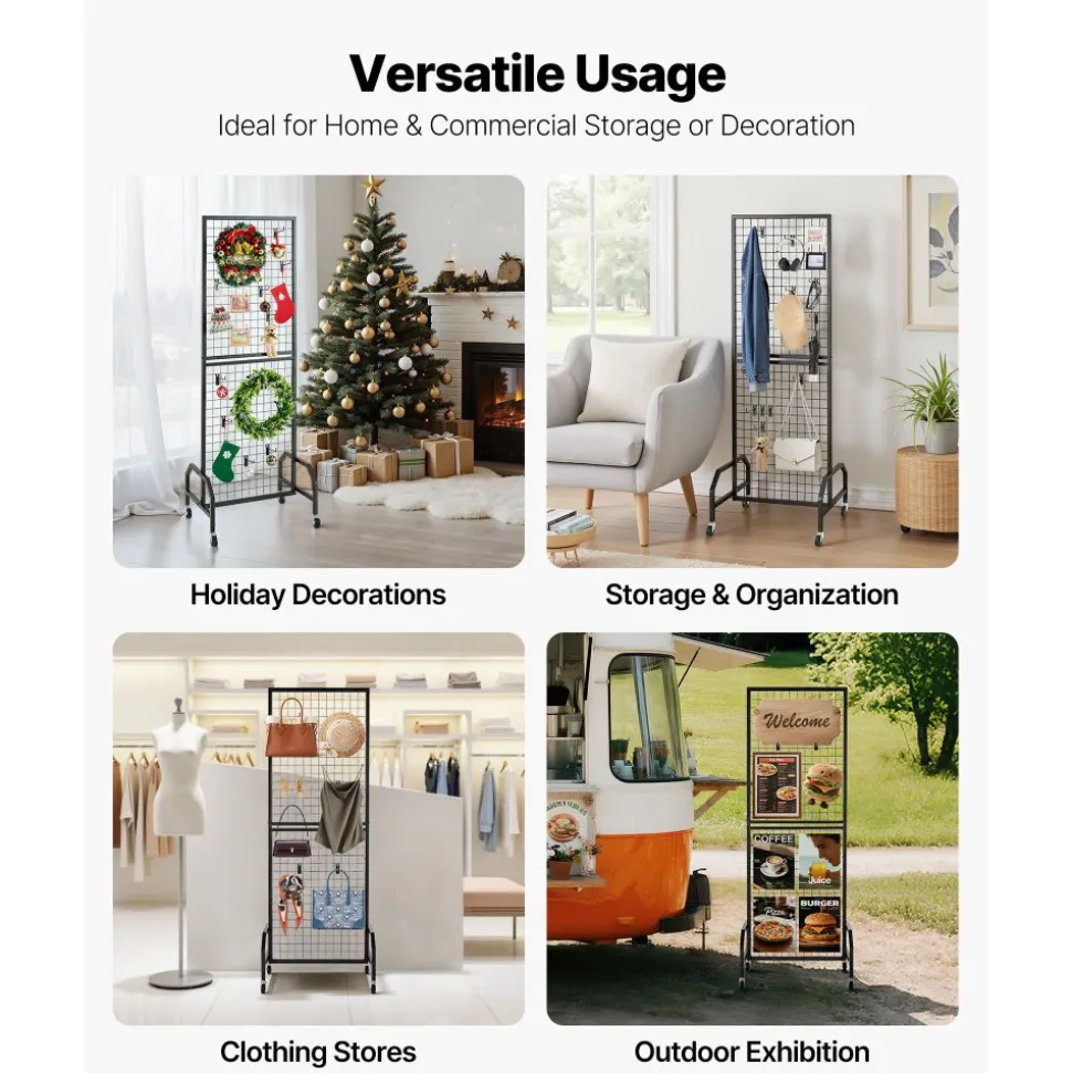 VEVOR Grid Wall Panel, 1.9 x 5.4 ft Wire Grid Panels Display Rack, Movable Art Display Shelf with Wheels and 10 Hooks, Black Carbon Steel Gridwall for Craft Show, Decoration, Storage, Notice Board