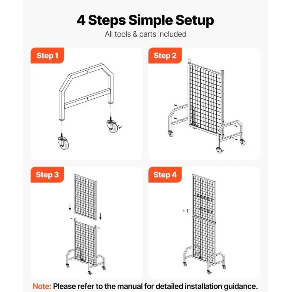 VEVOR Grid Wall Panel, 1.9 x 5.4 ft Wire Grid Panels Display Rack, Movable Art Display Shelf with Wheels and 10 Hooks, Black Carbon Steel Gridwall for Craft Show, Decoration, Storage, Notice Board