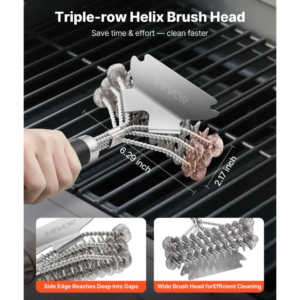 VEVOR Grill Brush and Scraper, BBQ Brush for Outdoor Grills, Stainless Steel Woven Wire, Bristle Free Barbecue Brushes for Porcelain, Charcoal, Grate Cleaner Grill Accessories, 17 in
