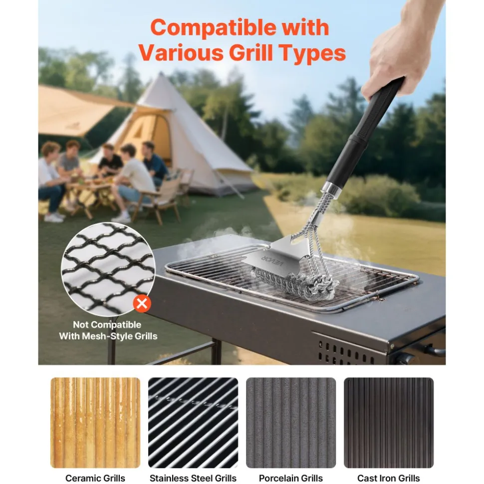 VEVOR Grill Brush and Scraper, BBQ Brush for Outdoor Grills, Stainless Steel Woven Wire, Bristle Free Barbecue Brushes for Porcelain, Charcoal, Grate Cleaner Grill Accessories, 17 in