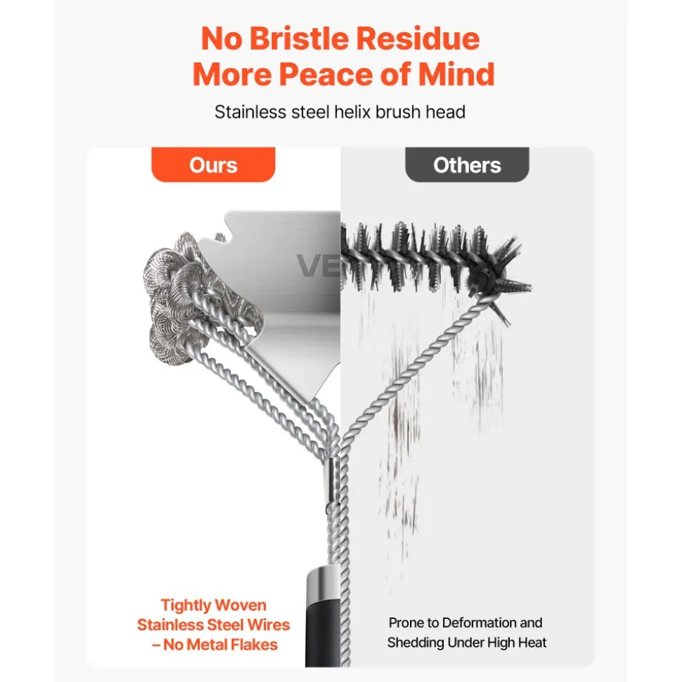 VEVOR Grill Brush and Scraper, BBQ Brush for Outdoor Grills, Stainless Steel Woven Wire, Bristle Free Barbecue Brushes for Porcelain, Charcoal, Grate Cleaner Grill Accessories, 17 in