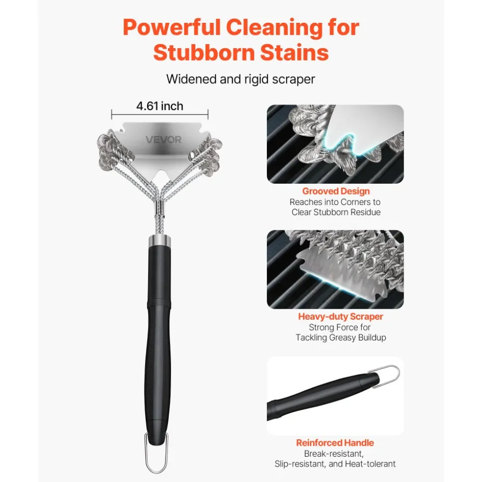 VEVOR Grill Brush and Scraper, BBQ Brush for Outdoor Grills, Stainless Steel Woven Wire, Bristle Free Barbecue Brushes for Porcelain, Charcoal, Grate Cleaner Grill Accessories, 17 in