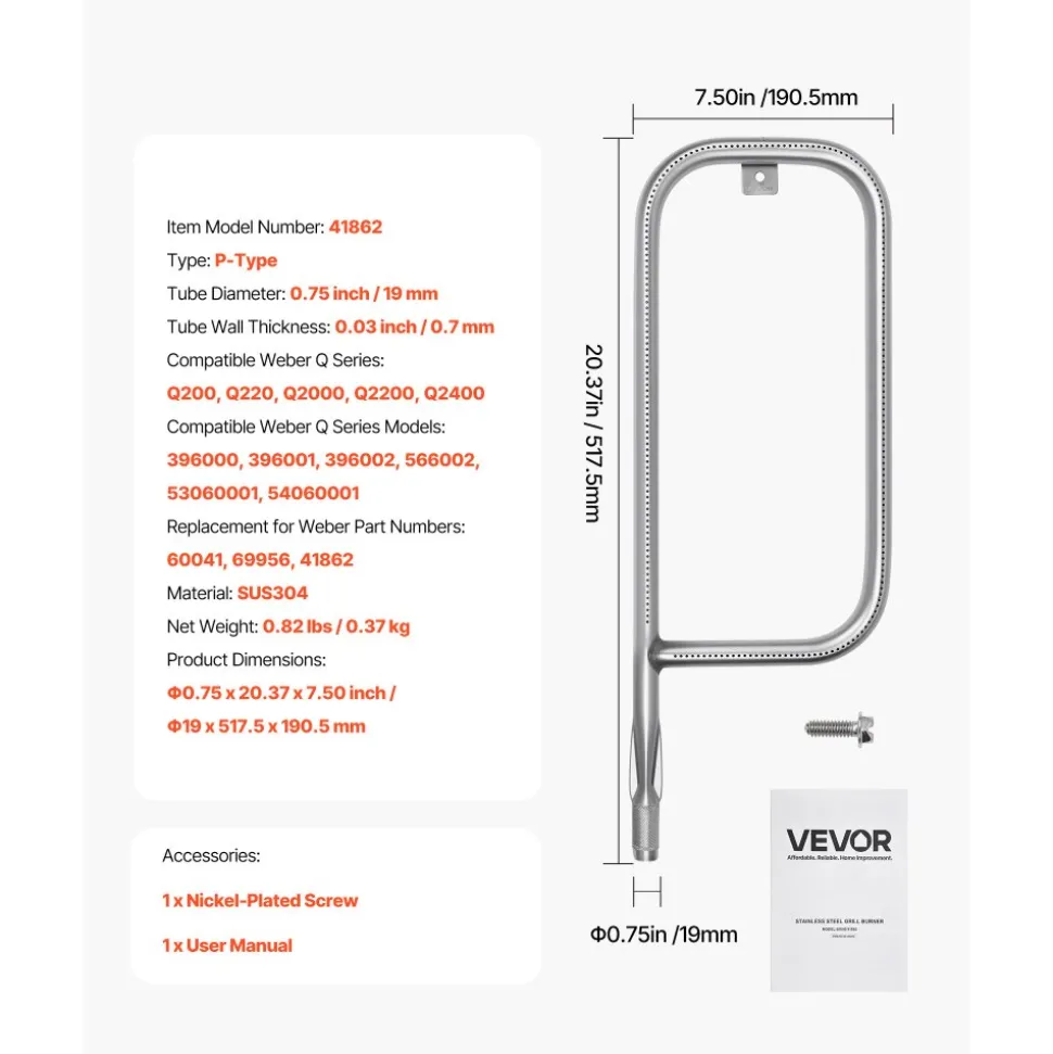 VEVOR Grill Burner Tube for Weber Q200, Q220, Q2000, Q2200, Q2400, 20.5 inch 304 Stainless Steel Tube Burner for Weber 396000, 396001, 396002, 566002, 53060001, Replacement Part 60041, 69956, 41862