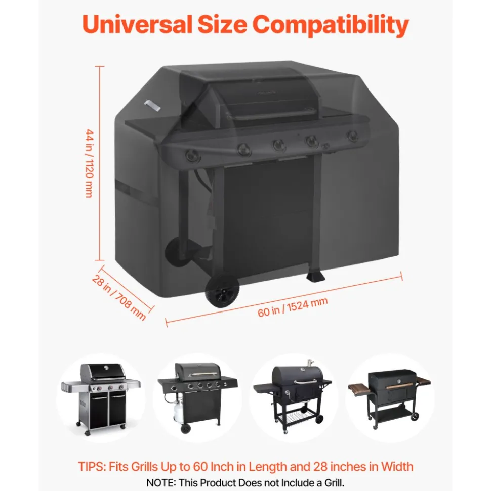 VEVOR Grill Cover, 60 inch BBQ Covers for Outdoor Grills, Waterproof, Fade Resistant, Weather Resistant Heavy Duty 600D Polyester, Easy On/Off, with Hook-and-Loop Straps, Black