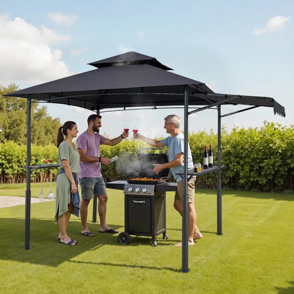 VEVOR Grill Gazebo, 8 x 5 ft Double-Tiered Top, Reinforced BBQ Gazebo with Extra Awning, Powder-Coated Steel Patio Grill Shelter with 2 Side Shelves & Hooks, Outdoor Grilling Canopy for Garden