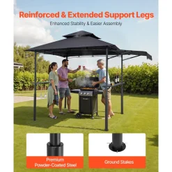 VEVOR Grill Gazebo, 8 x 5 ft Double-Tiered Top, Reinforced BBQ Gazebo with Extra Awning, Powder-Coated Steel Patio Grill Shelter with 2 Side Shelves & Hooks, Outdoor Grilling Canopy for Garden