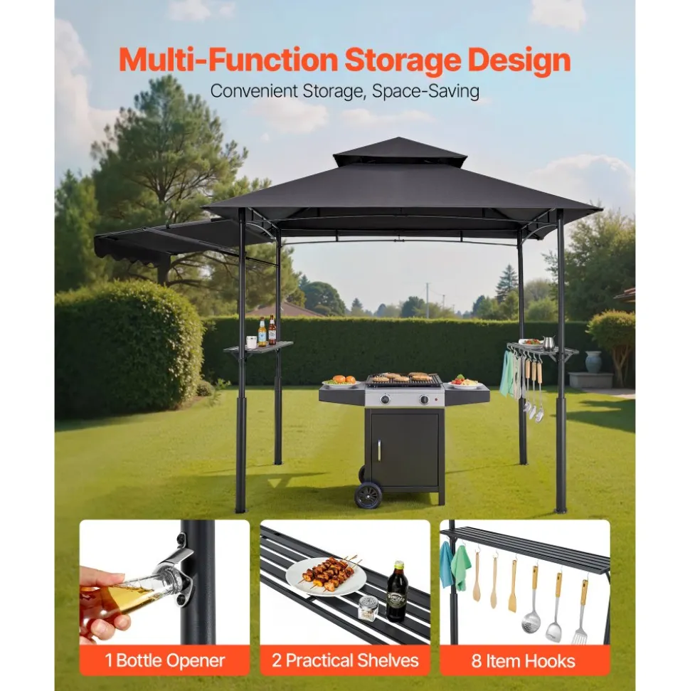 VEVOR Grill Gazebo, 8 x 5 ft Double-Tiered Top, Reinforced BBQ Gazebo with Extra Awning, Powder-Coated Steel Patio Grill Shelter with 2 Side Shelves & Hooks, Outdoor Grilling Canopy for Garden