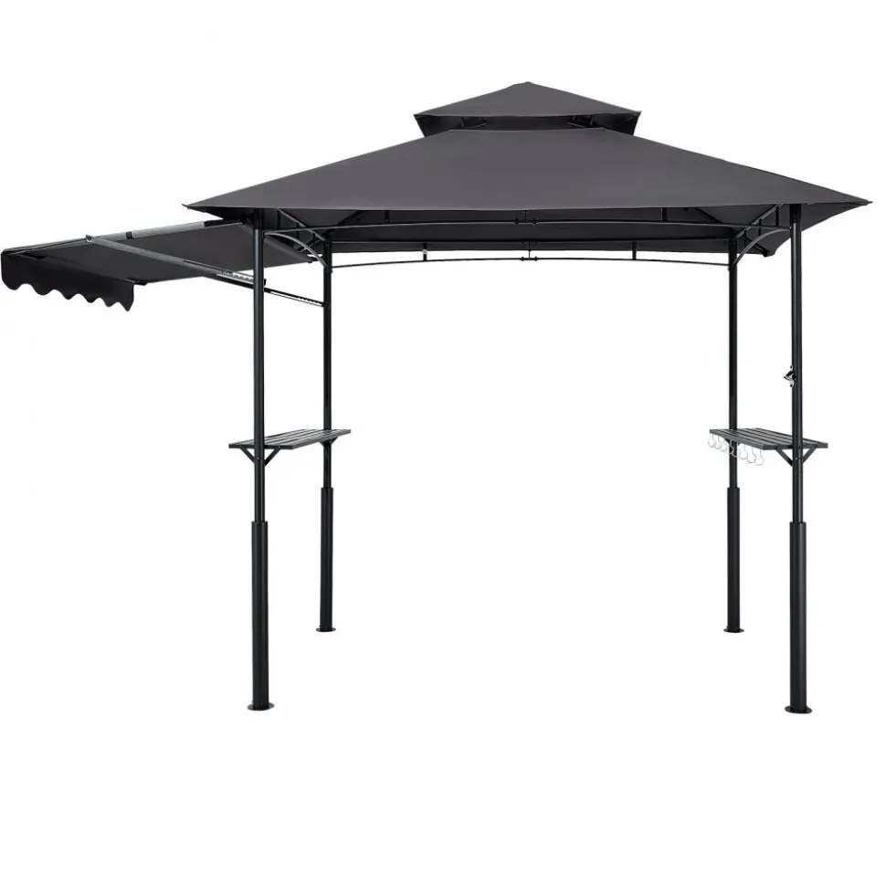 VEVOR Grill Gazebo, 8 x 5 ft Double-Tiered Top, Reinforced BBQ Gazebo with Extra Awning, Powder-Coated Steel Patio Grill Shelter with 2 Side Shelves & Hooks, Outdoor Grilling Canopy for Garden