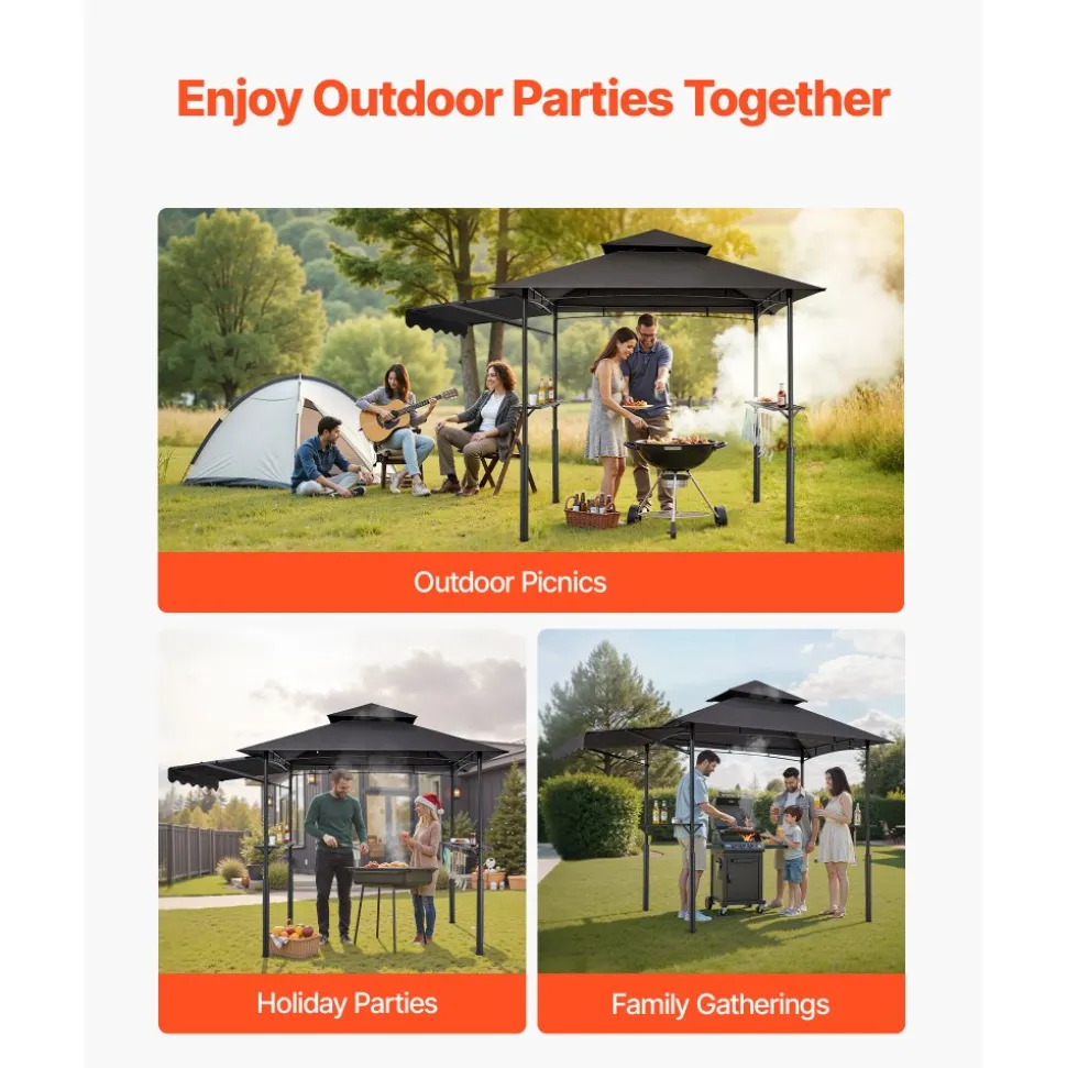 VEVOR Grill Gazebo, 8 x 5 ft Double-Tiered Top, Reinforced BBQ Gazebo with Extra Awning, Powder-Coated Steel Patio Grill Shelter with 2 Side Shelves & Hooks, Outdoor Grilling Canopy for Garden
