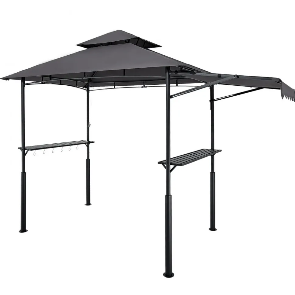 VEVOR Grill Gazebo, 8 x 5 ft Double-Tiered Top, Reinforced BBQ Gazebo with Extra Awning, Powder-Coated Steel Patio Grill Shelter with 2 Side Shelves & Hooks, Outdoor Grilling Canopy for Garden