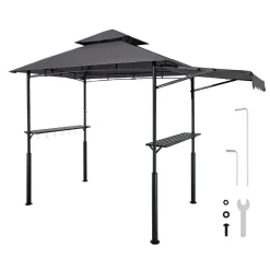 VEVOR Grill Gazebo, 8 x 5 ft Double-Tiered Top, Reinforced BBQ Gazebo with Extra Awning, Powder-Coated Steel Patio Grill Shelter with 2 Side Shelves & Hooks, Outdoor Grilling Canopy for Garden