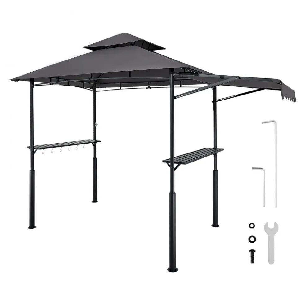 VEVOR Grill Gazebo, 8 x 5 ft Double-Tiered Top, Reinforced BBQ Gazebo with Extra Awning, Powder-Coated Steel Patio Grill Shelter with 2 Side Shelves & Hooks, Outdoor Grilling Canopy for Garden