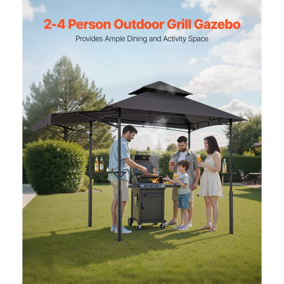 VEVOR Grill Gazebo, 8 x 5 ft Double-Tiered Top, Reinforced BBQ Gazebo with Extra Awning, Powder-Coated Steel Patio Grill Shelter with 2 Side Shelves & Hooks, Outdoor Grilling Canopy for Garden