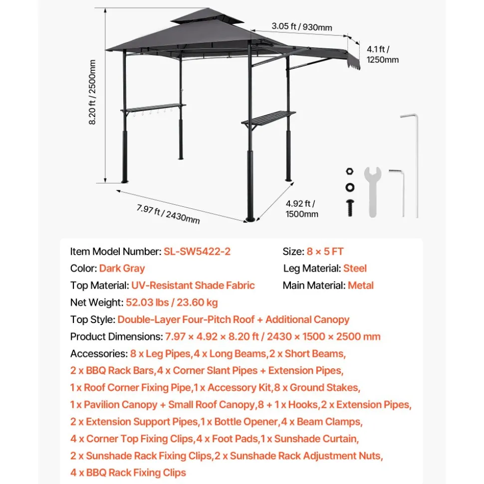 VEVOR Grill Gazebo, 8 x 5 ft Double-Tiered Top, Reinforced BBQ Gazebo with Extra Awning, Powder-Coated Steel Patio Grill Shelter with 2 Side Shelves & Hooks, Outdoor Grilling Canopy for Garden