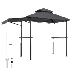 VEVOR Grill Gazebo, 8 x 5 ft Double-Tiered Top, Reinforced BBQ Gazebo with Extra Awning, Powder-Coated Steel Patio Grill Shelter with 2 Side Shelves & Hooks, Outdoor Grilling Canopy for Garden