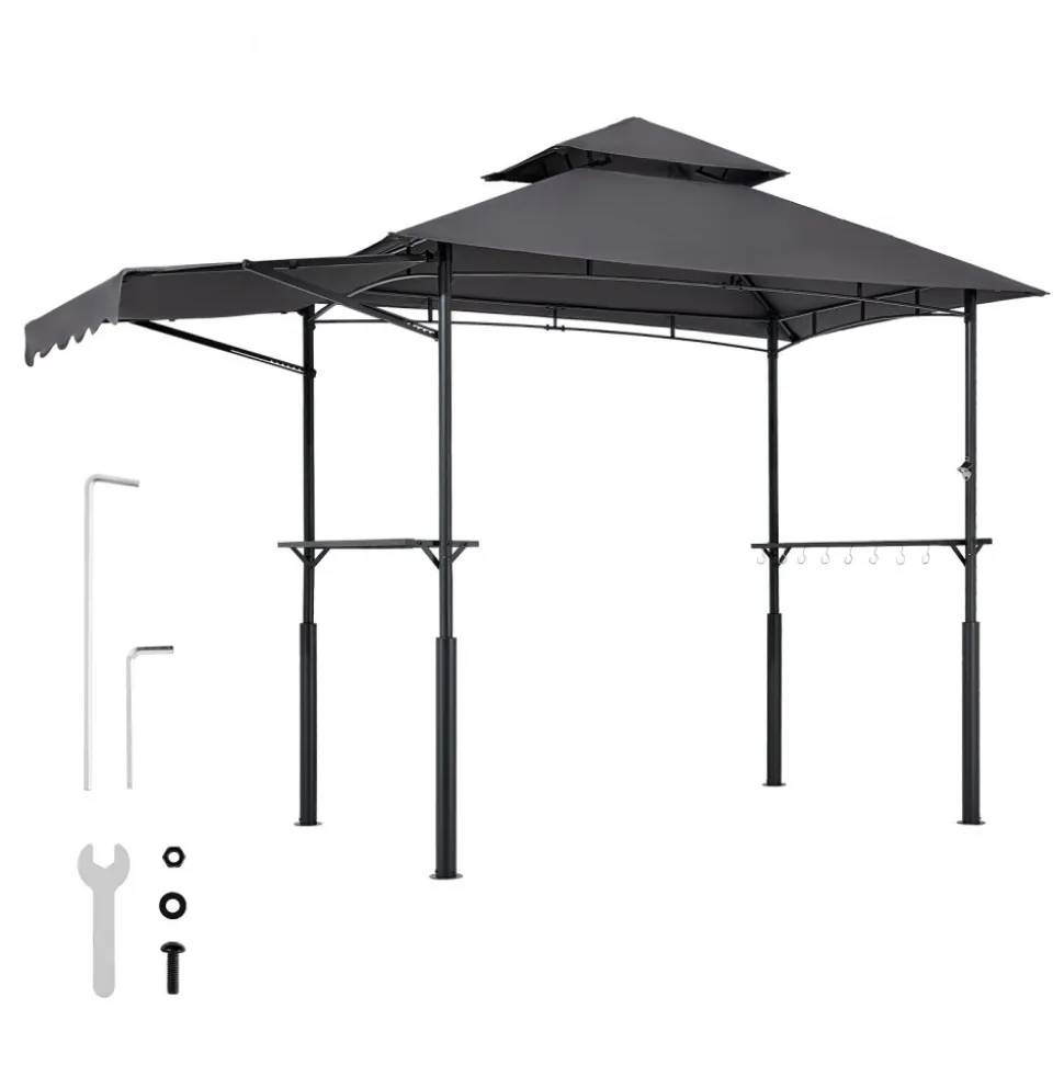 VEVOR Grill Gazebo, 8 x 5 ft Double-Tiered Top, Reinforced BBQ Gazebo with Extra Awning, Powder-Coated Steel Patio Grill Shelter with 2 Side Shelves & Hooks, Outdoor Grilling Canopy for Garden