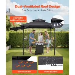 VEVOR Grill Gazebo, 8 x 5 ft Double-Tiered Top, Reinforced BBQ Gazebo with Extra Awning, Powder-Coated Steel Patio Grill Shelter with 2 Side Shelves & Hooks, Outdoor Grilling Canopy for Garden