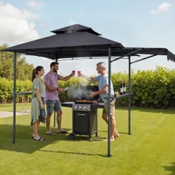 VEVOR Grill Gazebo, 8 x 5 ft Double-Tiered Top, BBQ Gazebo with Extra Awning, Powder-Coated Steel Patio Grill Shelter with 2 Side Shelves, Bottle Opener & Hooks, Outdoor Grilling Canopy for Garden