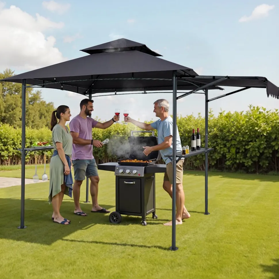 VEVOR Grill Gazebo, 8 x 5 ft Double-Tiered Top, BBQ Gazebo with Extra Awning, Powder-Coated Steel Patio Grill Shelter with 2 Side Shelves, Bottle Opener & Hooks, Outdoor Grilling Canopy for Garden