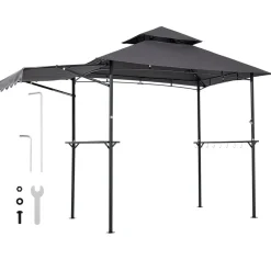 VEVOR Grill Gazebo, 8 x 5 ft Double-Tiered Top, BBQ Gazebo with Extra Awning, Powder-Coated Steel Patio Grill Shelter with 2 Side Shelves, Bottle Opener & Hooks, Outdoor Grilling Canopy for Garden