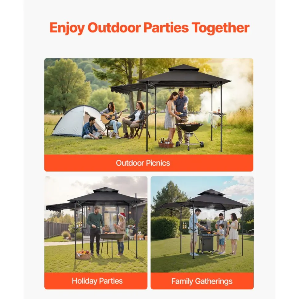 VEVOR Grill Gazebo, 8 x 5 ft Double-Tiered Top, BBQ Gazebo with Extra Awning, Powder-Coated Steel Patio Grill Shelter with 2 Side Shelves, Bottle Opener & Hooks, Outdoor Grilling Canopy for Garden
