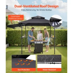 VEVOR Grill Gazebo, 8 x 5 ft Double-Tiered Top, BBQ Gazebo with Extra Awning, Powder-Coated Steel Patio Grill Shelter with 2 Side Shelves, Bottle Opener & Hooks, Outdoor Grilling Canopy for Garden