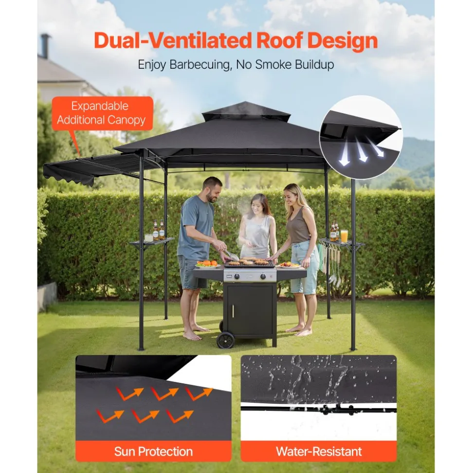 VEVOR Grill Gazebo, 8 x 5 ft Double-Tiered Top, BBQ Gazebo with Extra Awning, Powder-Coated Steel Patio Grill Shelter with 2 Side Shelves, Bottle Opener & Hooks, Outdoor Grilling Canopy for Garden