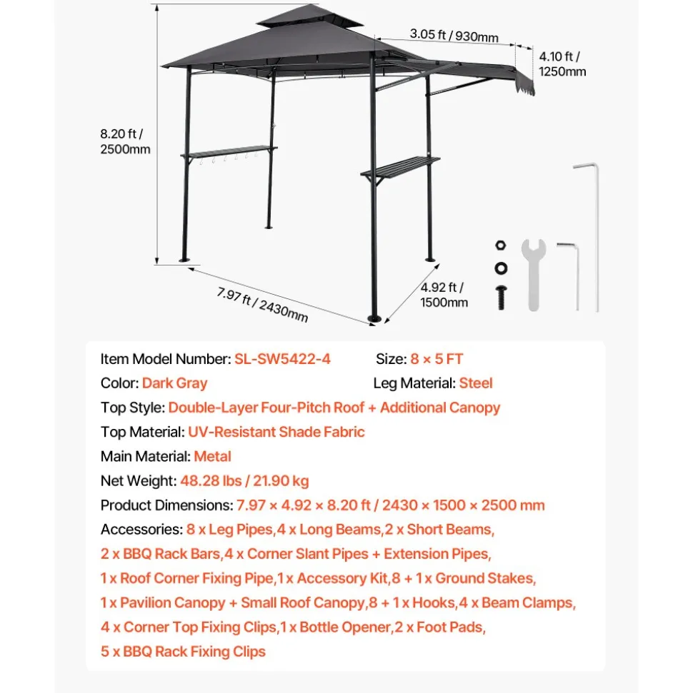 VEVOR Grill Gazebo, 8 x 5 ft Double-Tiered Top, BBQ Gazebo with Extra Awning, Powder-Coated Steel Patio Grill Shelter with 2 Side Shelves, Bottle Opener & Hooks, Outdoor Grilling Canopy for Garden