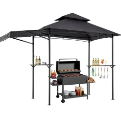 VEVOR Grill Gazebo, 8 x 5 ft Double-Tiered Top, BBQ Gazebo with Extra Awning, Powder-Coated Steel Patio Grill Shelter with 2 Side Shelves, Bottle Opener & Hooks, Outdoor Grilling Canopy for Garden
