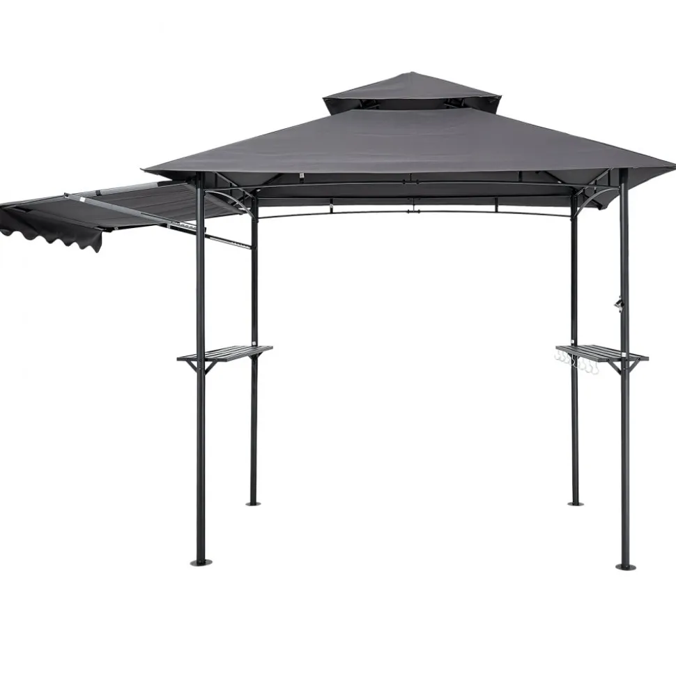 VEVOR Grill Gazebo, 8 x 5 ft Double-Tiered Top, BBQ Gazebo with Extra Awning, Powder-Coated Steel Patio Grill Shelter with 2 Side Shelves, Bottle Opener & Hooks, Outdoor Grilling Canopy for Garden