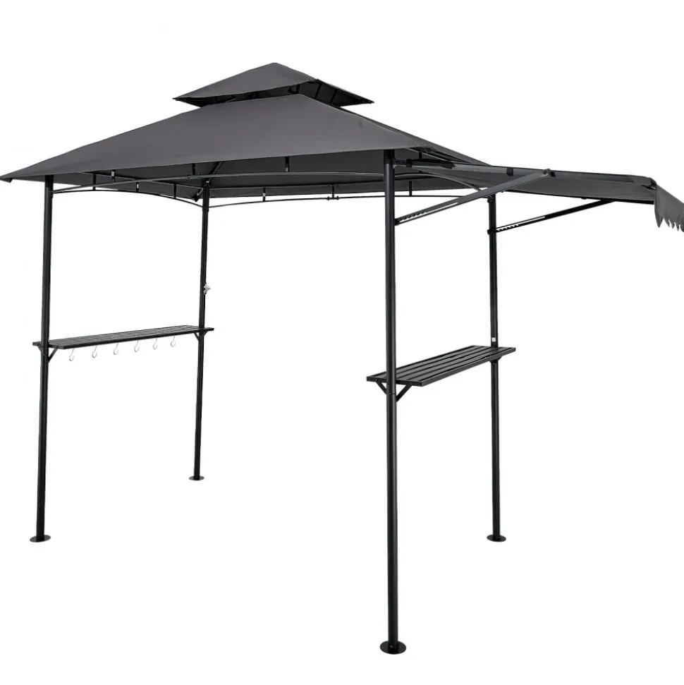 VEVOR Grill Gazebo, 8 x 5 ft Double-Tiered Top, BBQ Gazebo with Extra Awning, Powder-Coated Steel Patio Grill Shelter with 2 Side Shelves, Bottle Opener & Hooks, Outdoor Grilling Canopy for Garden