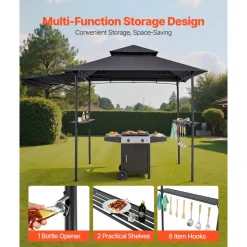 VEVOR Grill Gazebo, 8 x 5 ft Double-Tiered Top, BBQ Gazebo with Extra Awning, Powder-Coated Steel Patio Grill Shelter with 2 Side Shelves, Bottle Opener & Hooks, Outdoor Grilling Canopy for Garden